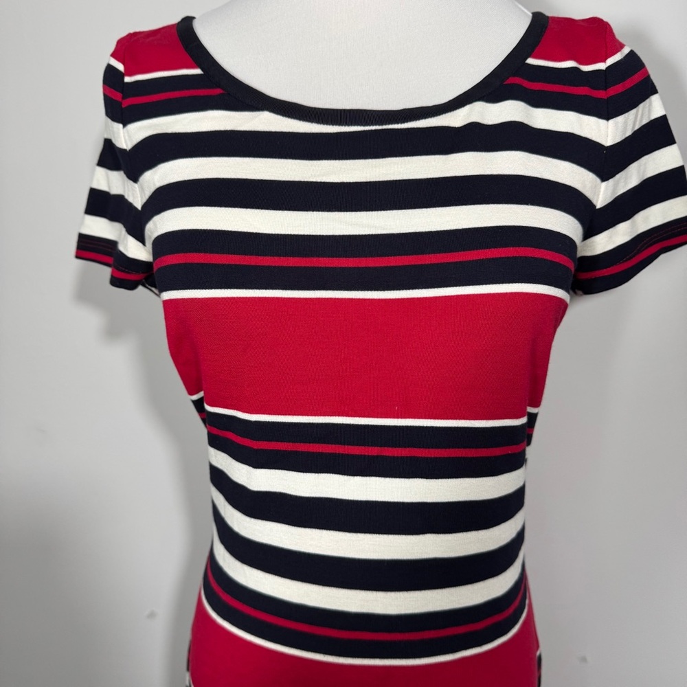 Banana Republic Red Black White Striped Short Sleeve‎ Sheath Dress Size 2 - Picture 3 of 12